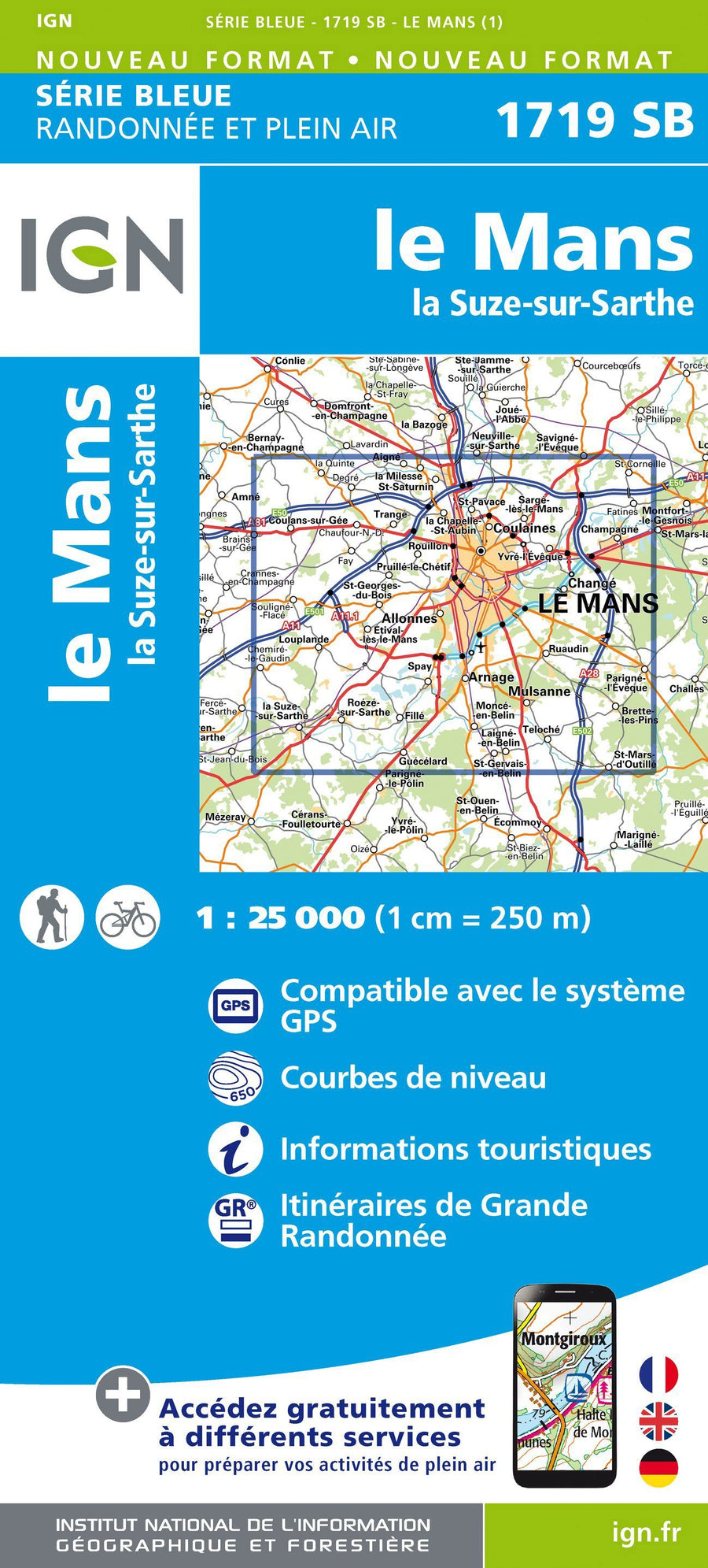 Carte de randonnée n° 1719 - Le Mans, La Suze-sur-Sarthe | IGN - Série Bleue carte pliée IGN 