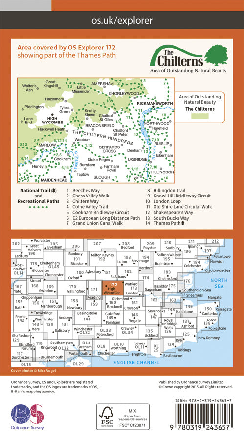Carte de randonnée n° 172 - Chiltern Hills East (Grande Bretagne) | Ordnance Survey - Explorer carte pliée Ordnance Survey Papier 