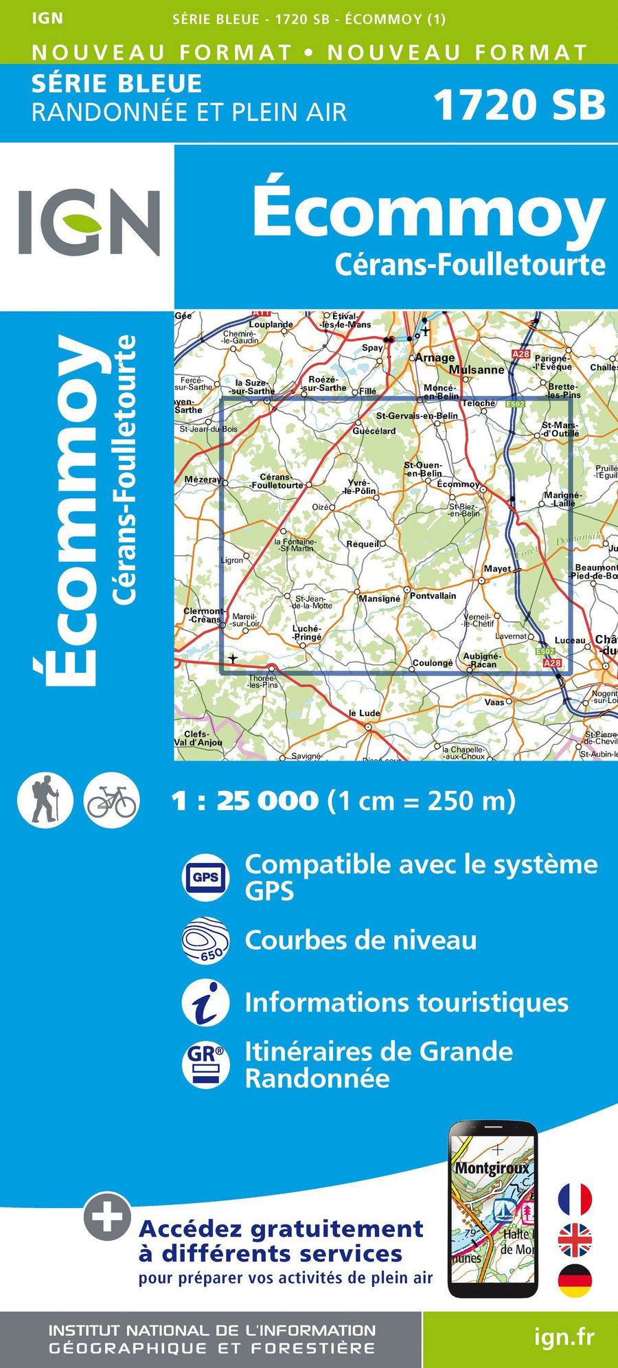 Carte de randonnée n° 1720 - Ecommoy, Cérans-Foulletourte | IGN - Série Bleue carte pliée IGN 