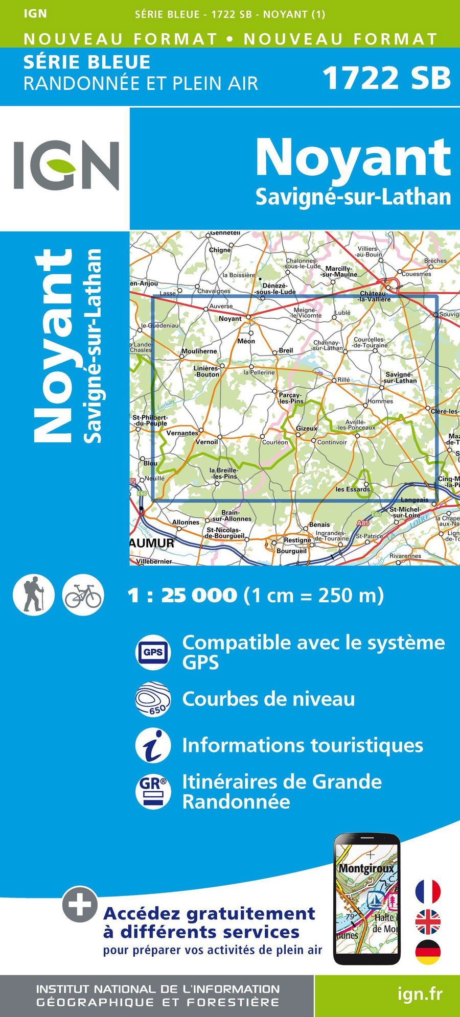 Carte de randonnée n° 1722 - Noyant, Savigné-sur-Lathan | IGN - Série Bleue carte pliée IGN 