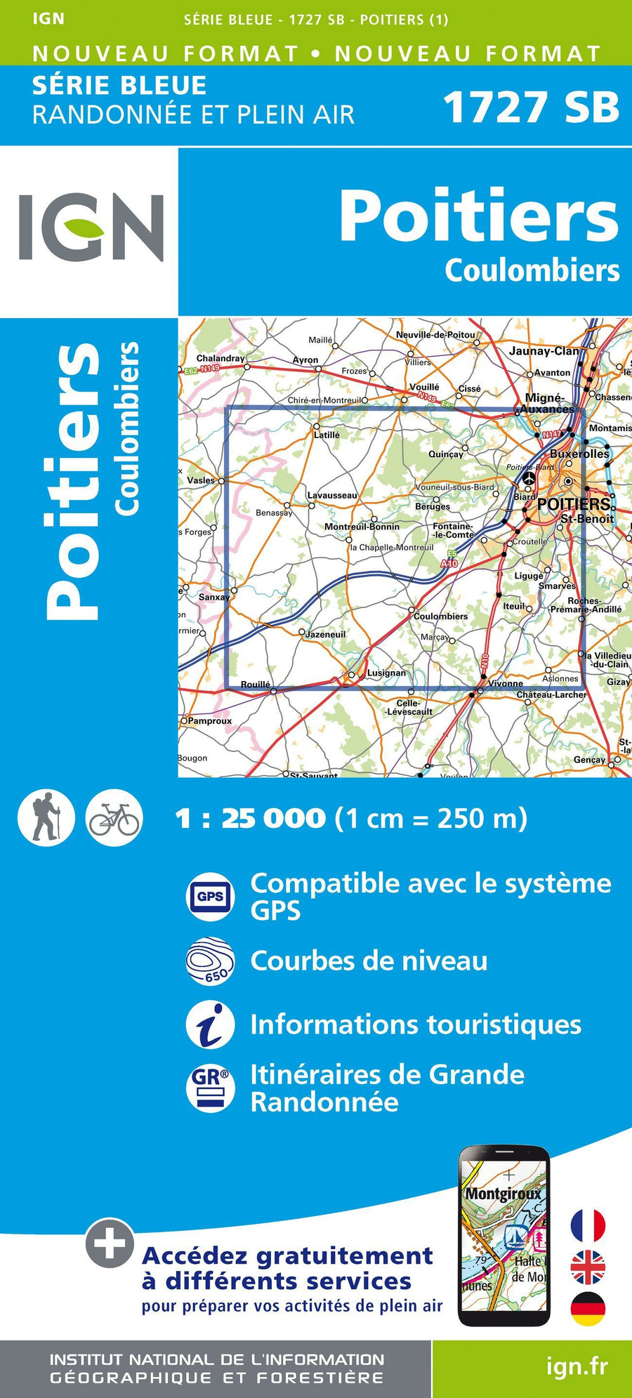 Carte de randonnée n° 1727 - Poitiers, Coulombiers | IGN - Série Bleue carte pliée IGN 