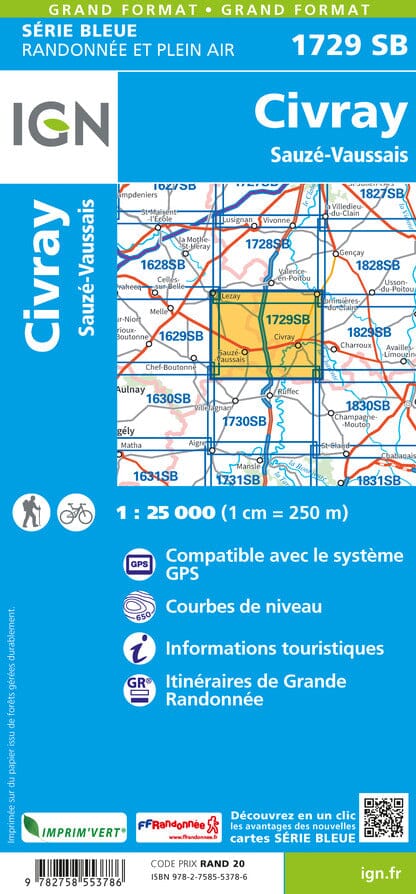 Carte de randonnée n° 1729 - Civray, Sauzé-Vaussais | IGN - Série Bleue carte pliée IGN 