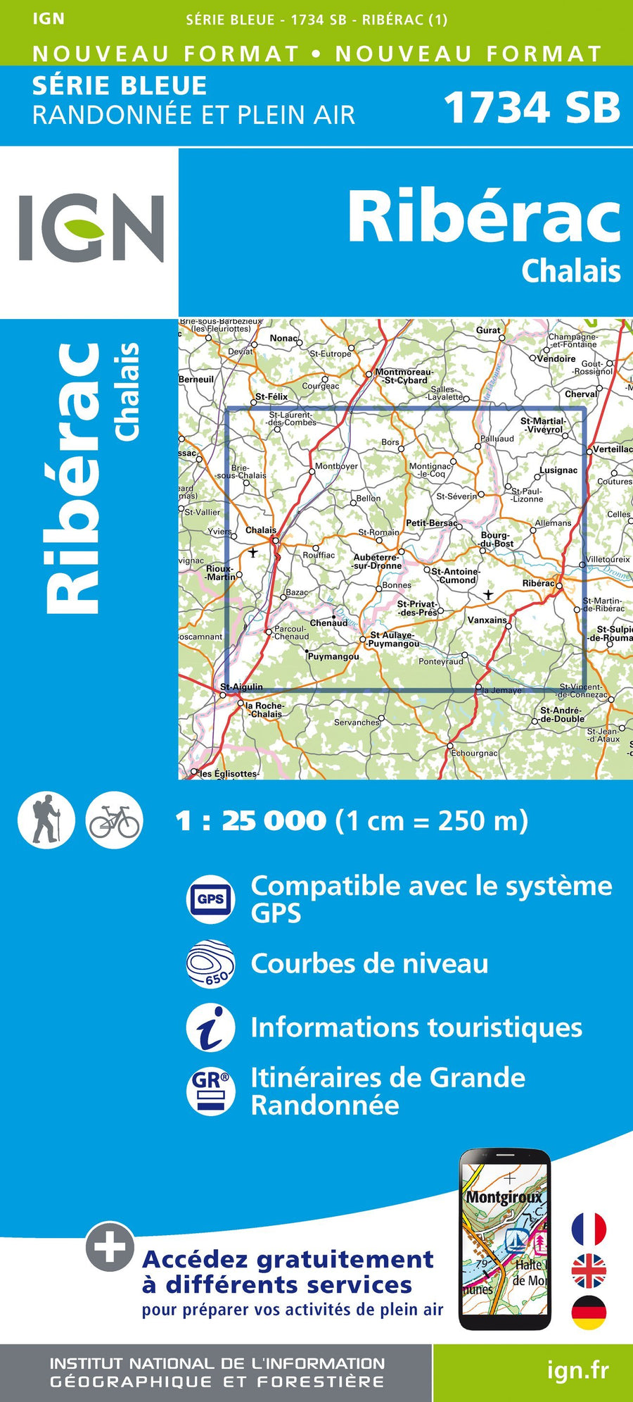 Carte de randonnée n° 1734 - Riberac, Chalais | IGN - Série Bleue carte pliée IGN 
