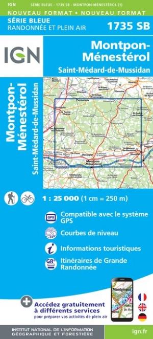 Carte de randonnée n° 1735 - Montpon-Ménestérol, Saint-Médard-de-Mussidan | IGN - Série Bleue carte pliée IGN 
