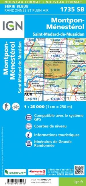Carte de randonnée n° 1735 - Montpon-Ménestérol, Saint-Médard-de-Mussidan | IGN - Série Bleue carte pliée IGN 