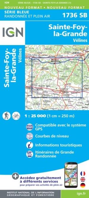 Carte de randonnée n° 1736 - Sainte-Foy-la-Grande, Vélines | IGN - Série Bleue carte pliée IGN 