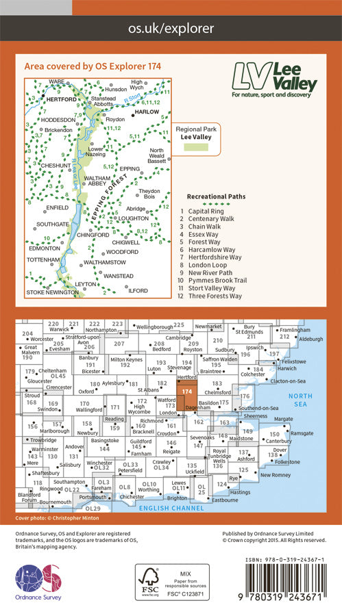 Carte de randonnée n° 174 - Epping Forest, Lee Valley (Grande Bretagne) | Ordnance Survey - Explorer carte pliée Ordnance Survey Papier 