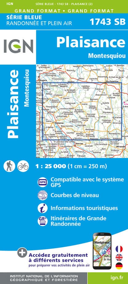 Carte de randonnée n° 1743 - Plaisance, Montesquiou | IGN - Série Bleue carte pliée IGN 