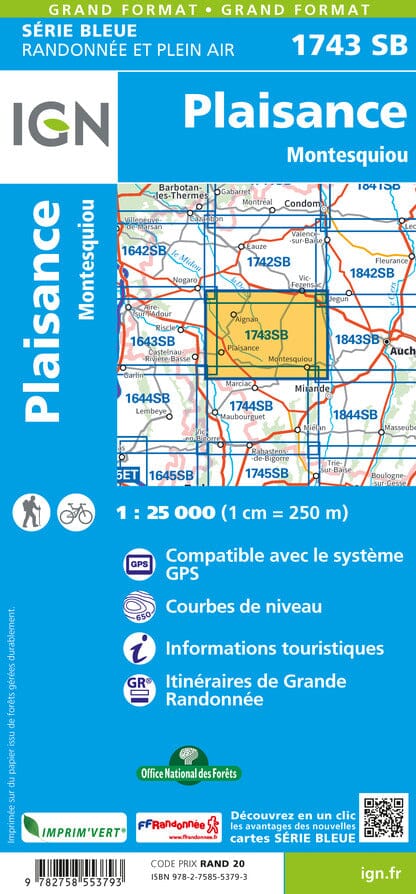 Carte de randonnée n° 1743 - Plaisance, Montesquiou | IGN - Série Bleue carte pliée IGN 