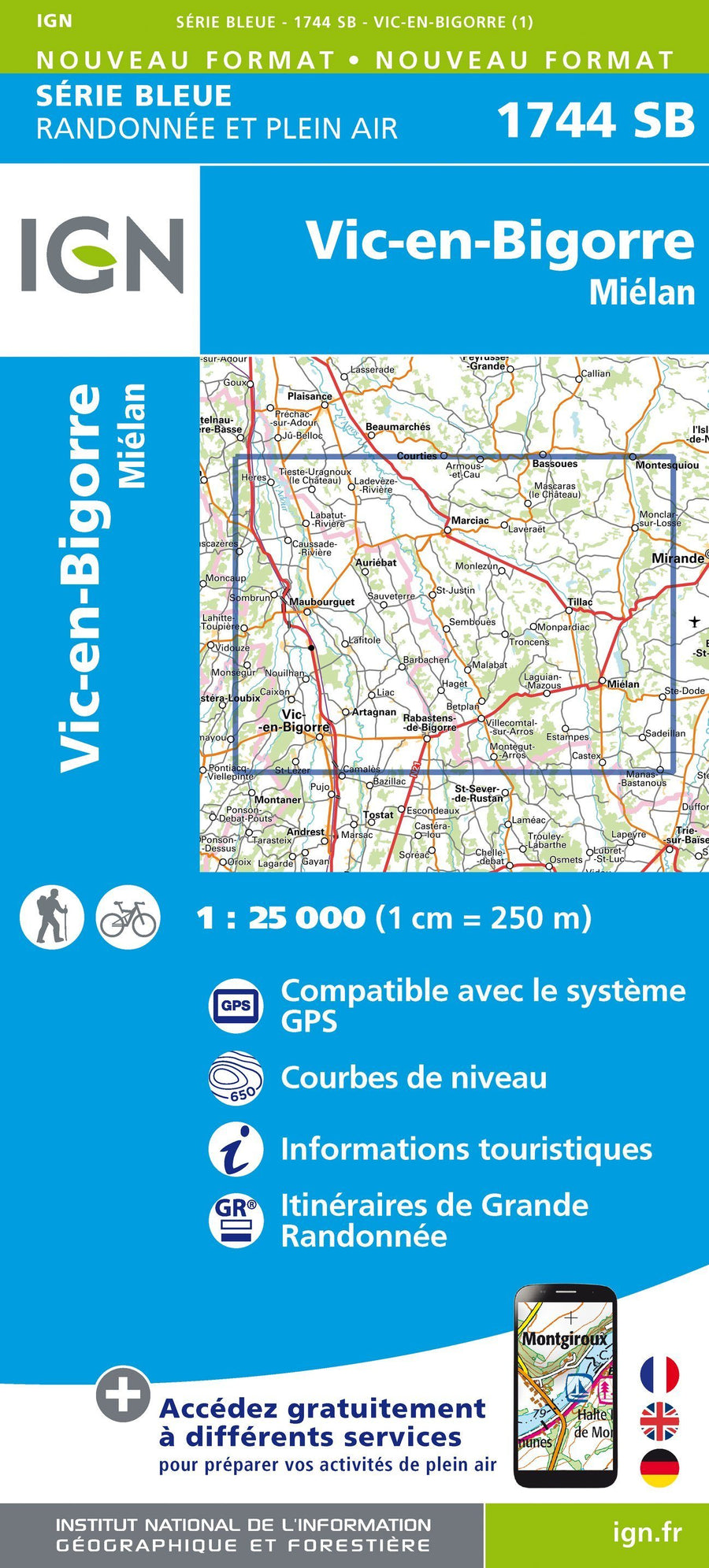 Carte de randonnée n° 1744 - Vic-en-Bigorre, Miélan | IGN - Série Bleue carte pliée IGN 