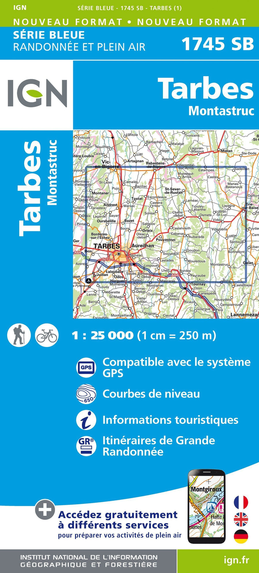 Carte de randonnée n° 1745 - Tarbes, Montastruc | IGN - Série Bleue carte pliée IGN 
