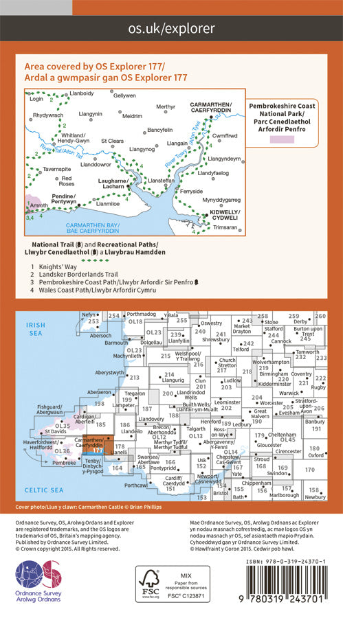 Carte de randonnée n° 177 - Carmarthen, Kidwelly (Grande Bretagne) | Ordnance Survey - Explorer carte pliée Ordnance Survey Papier 