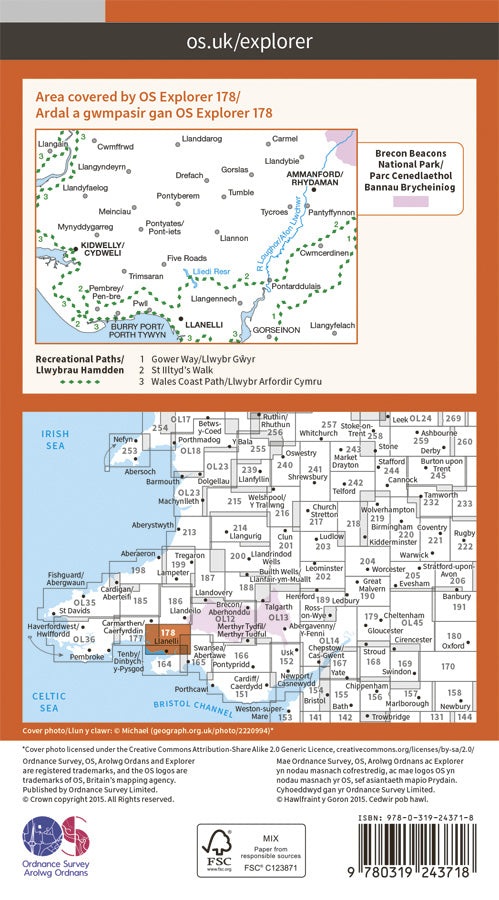 Carte de randonnée n° 178 - Llanelli, Ammanford, Rhydaman (Grande Bretagne) | Ordnance Survey - Explorer carte pliée Ordnance Survey Papier 