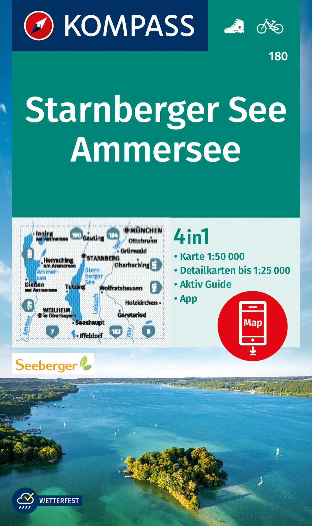 Carte de randonnée n° 180 - Lac de Starnberg, Lac Ammer (Bavière) | Kompass carte pliée Kompass 