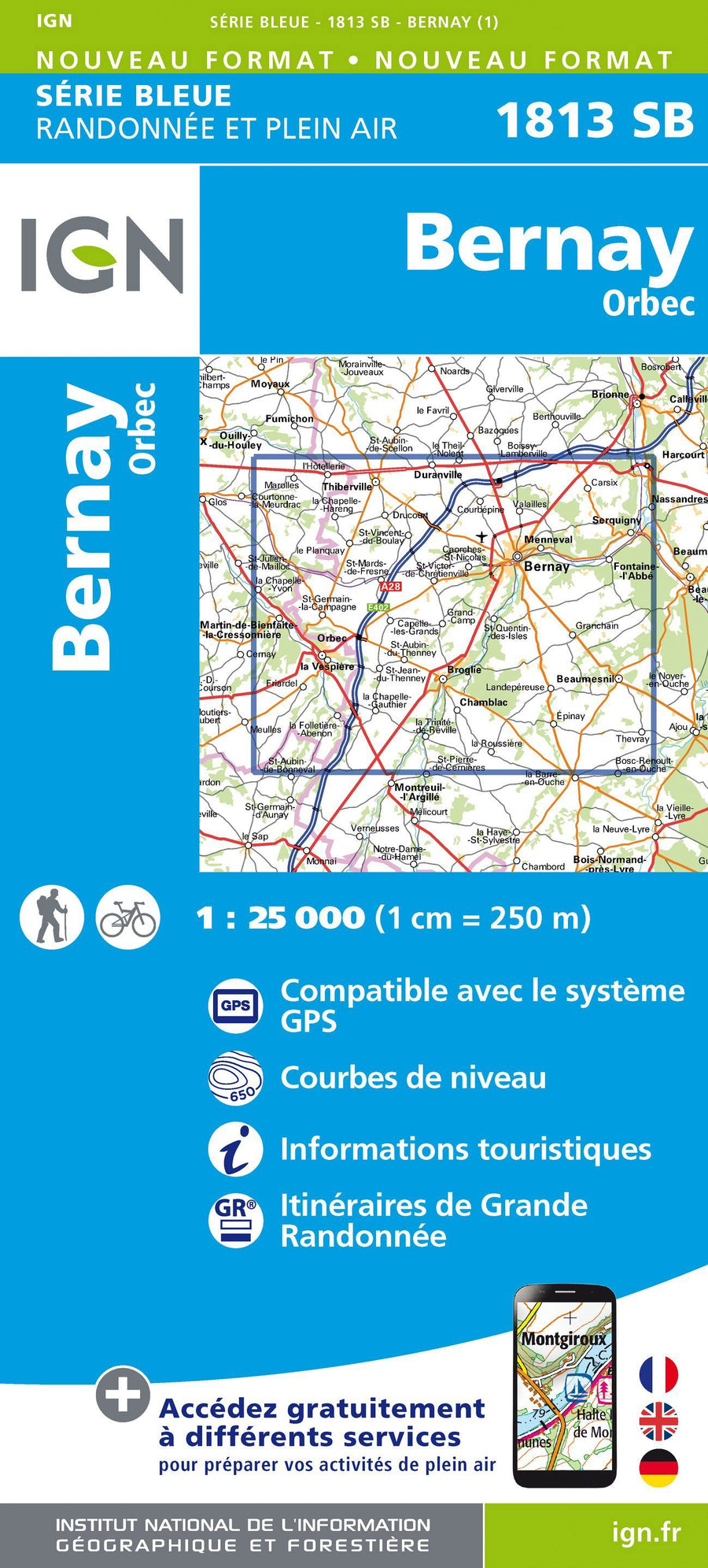 Carte de randonnée n° 1813 - Bernay, Orbec | IGN - Série Bleue carte pliée IGN 