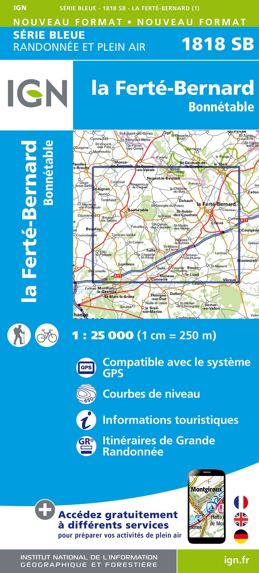 Carte de randonnée n° 1818 - La Ferté-Bernard, Bonnétable | IGN - Série Bleue carte pliée IGN 