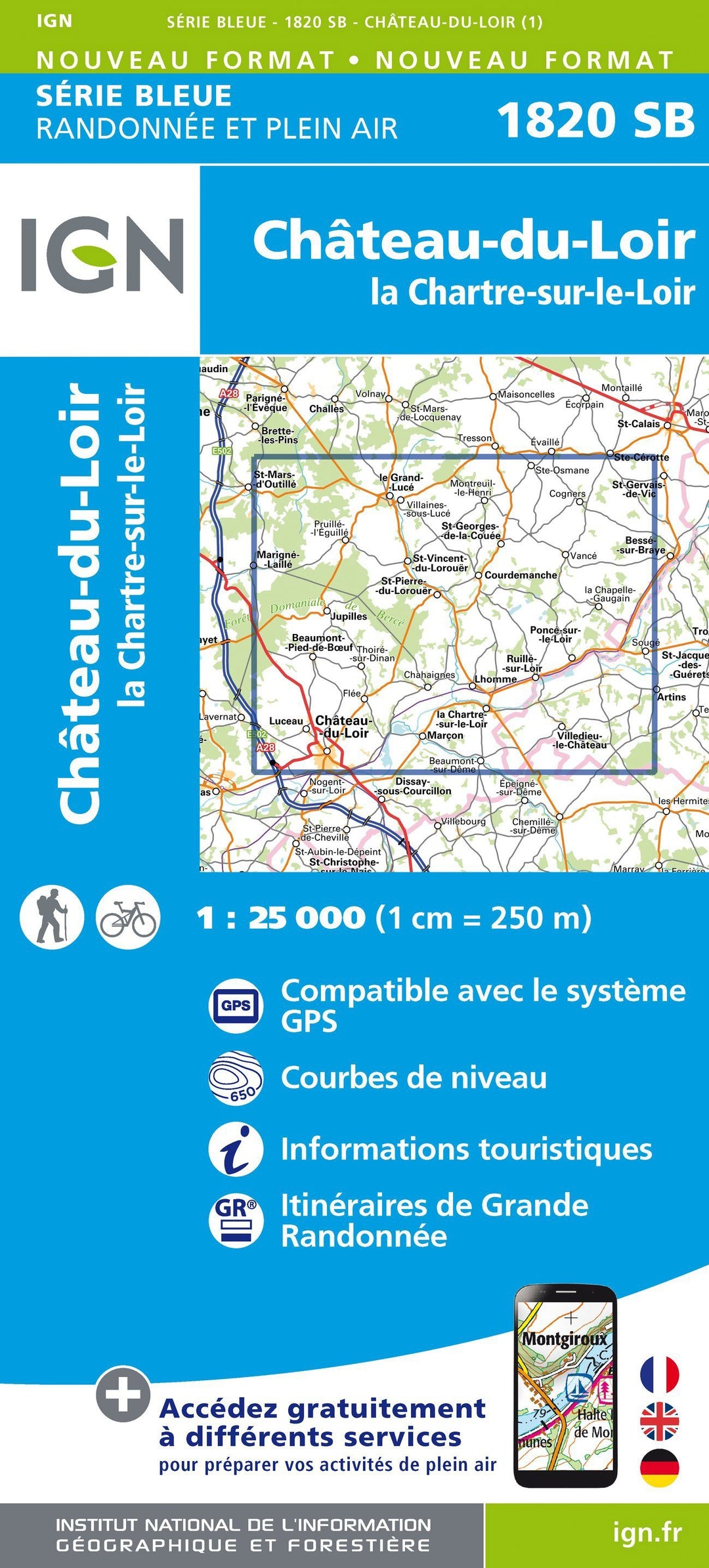 Carte de randonnée n° 1820 - Château-du-Loir, La Chartre-sur-Loir | IGN - Série Bleue carte pliée IGN 