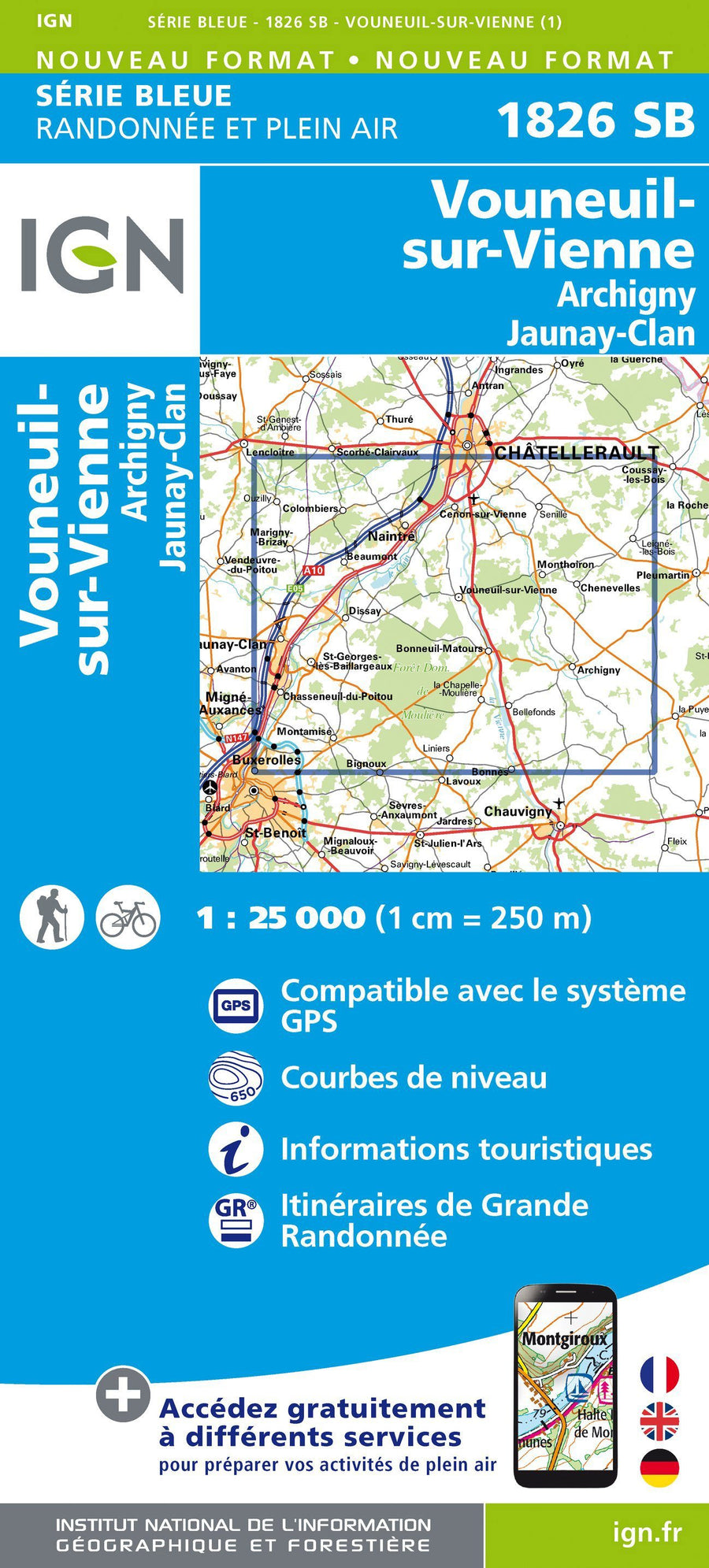 Carte de randonnée n° 1826 - Vouneuil-sur-Vienne, Archigny, Jaunay-Clan | IGN - Série Bleue carte pliée IGN 