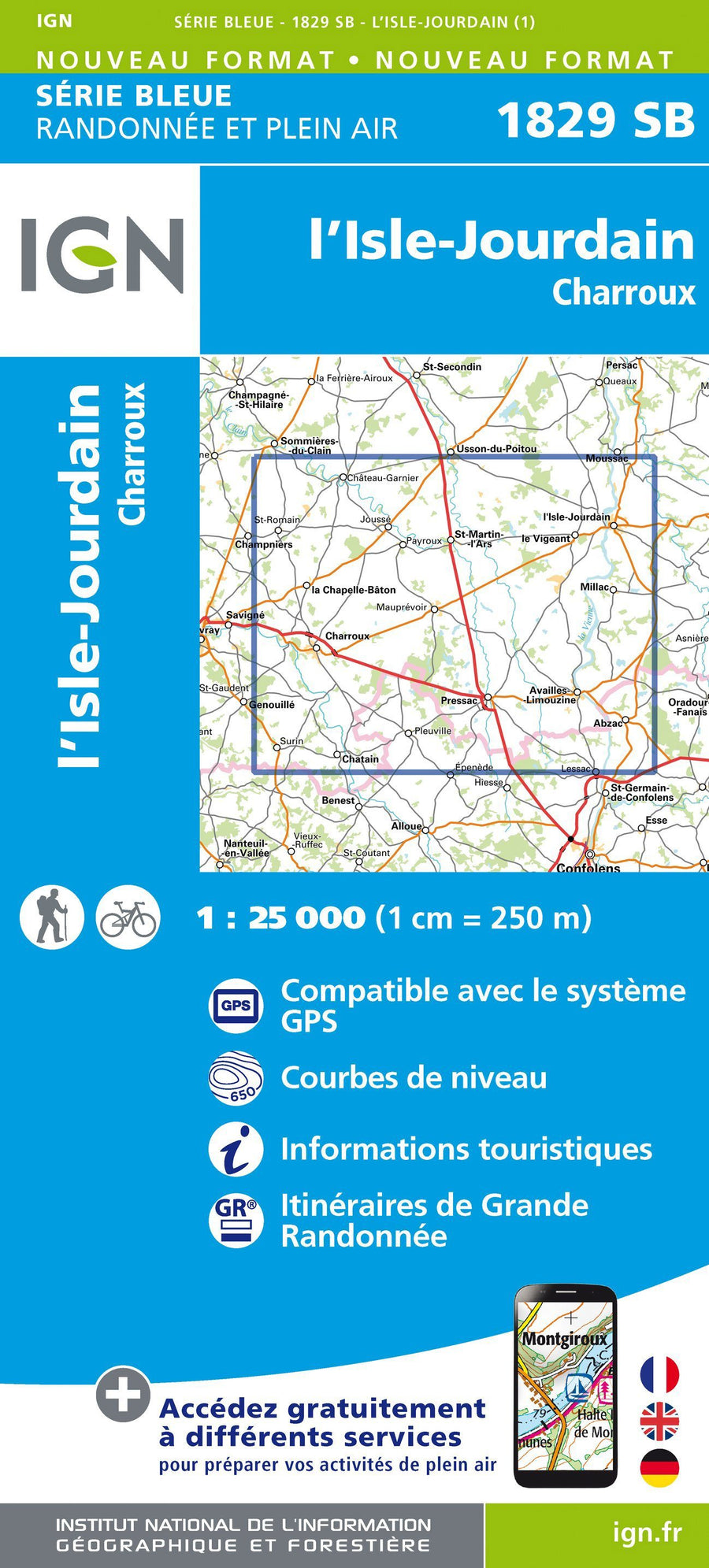 Carte de randonnée n° 1829 - L'Isle-Jourdain, Charroux | IGN - Série Bleue carte pliée IGN 