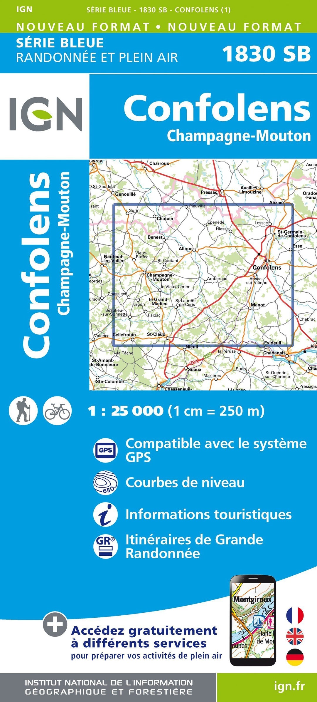 Carte de randonnée n° 1830 - Confolens, Champagne-Mouton | IGN - Série Bleue carte pliée IGN 