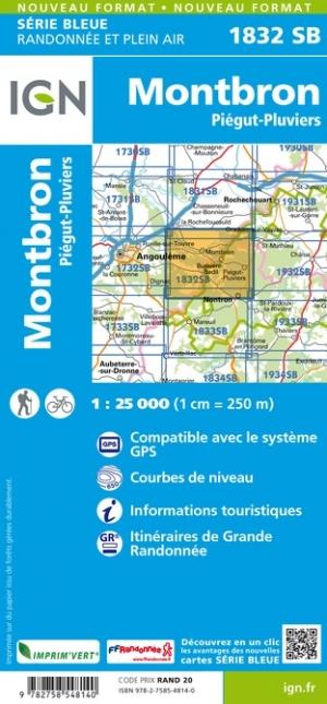 Carte de randonnée n° 1832 - Montbron, Piégut-Pluviers | IGN - Série Bleue carte pliée IGN 