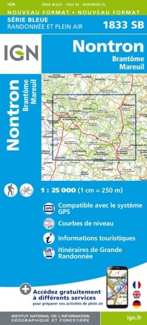 Carte de randonnée n° 1833 - Nontron, Brantôme, Mareuil (Dordogne) | IGN - Série Bleue carte pliée IGN 