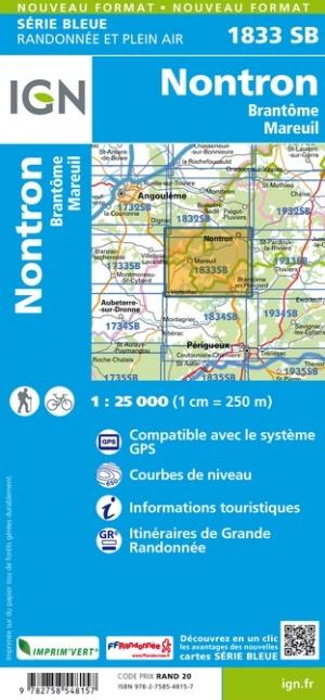 Carte de randonnée n° 1833 - Nontron, Brantôme, Mareuil (Dordogne) | IGN - Série Bleue carte pliée IGN 