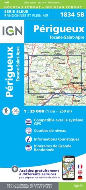 Carte de randonnée n° 1834 - Périgueux, Tocane-Saint-Apre | IGN - Série Bleue carte pliée IGN 