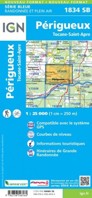 Carte de randonnée n° 1834 - Périgueux, Tocane-Saint-Apre | IGN - Série Bleue carte pliée IGN 