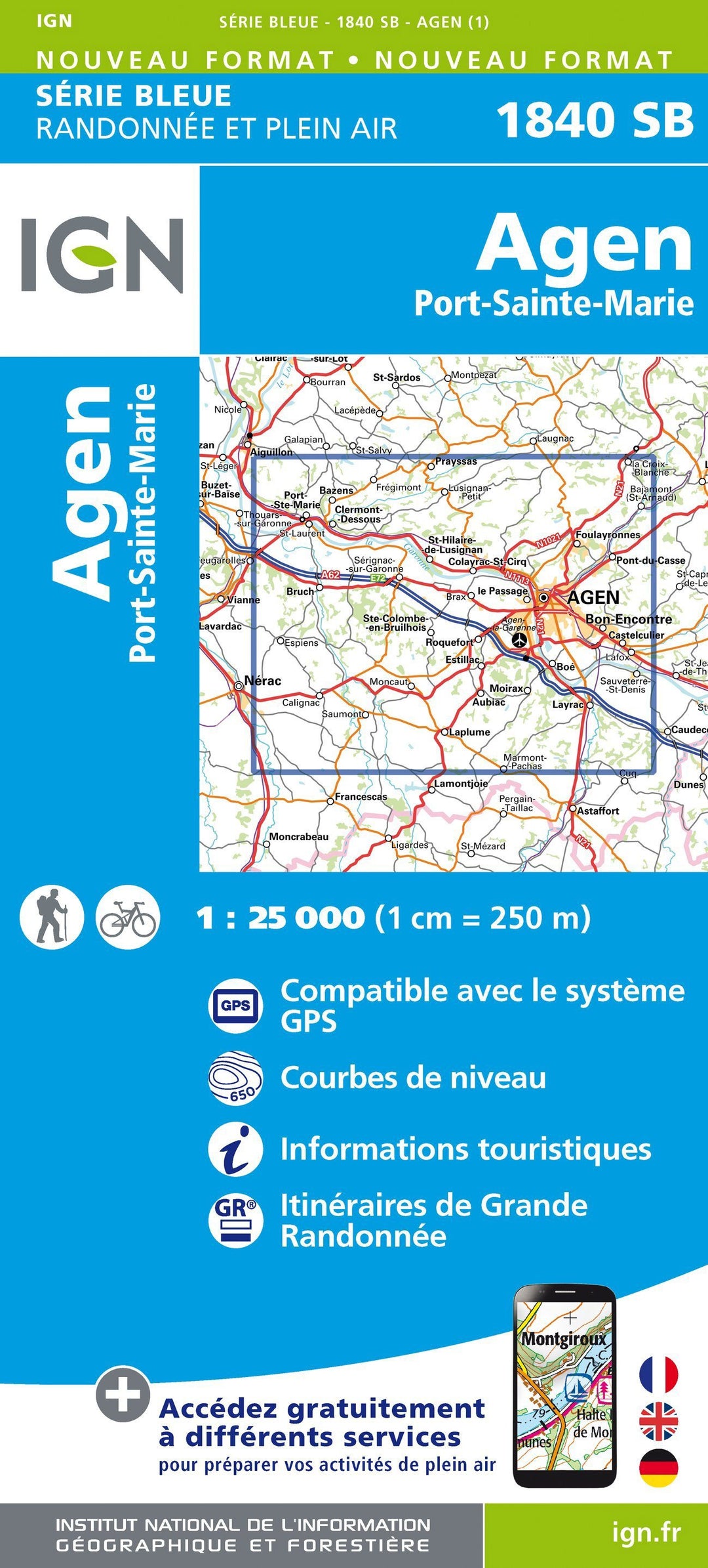 Carte de randonnée n° 1840 - Agen, Port-Sainte-Marie | IGN - Série Bleue carte pliée IGN 