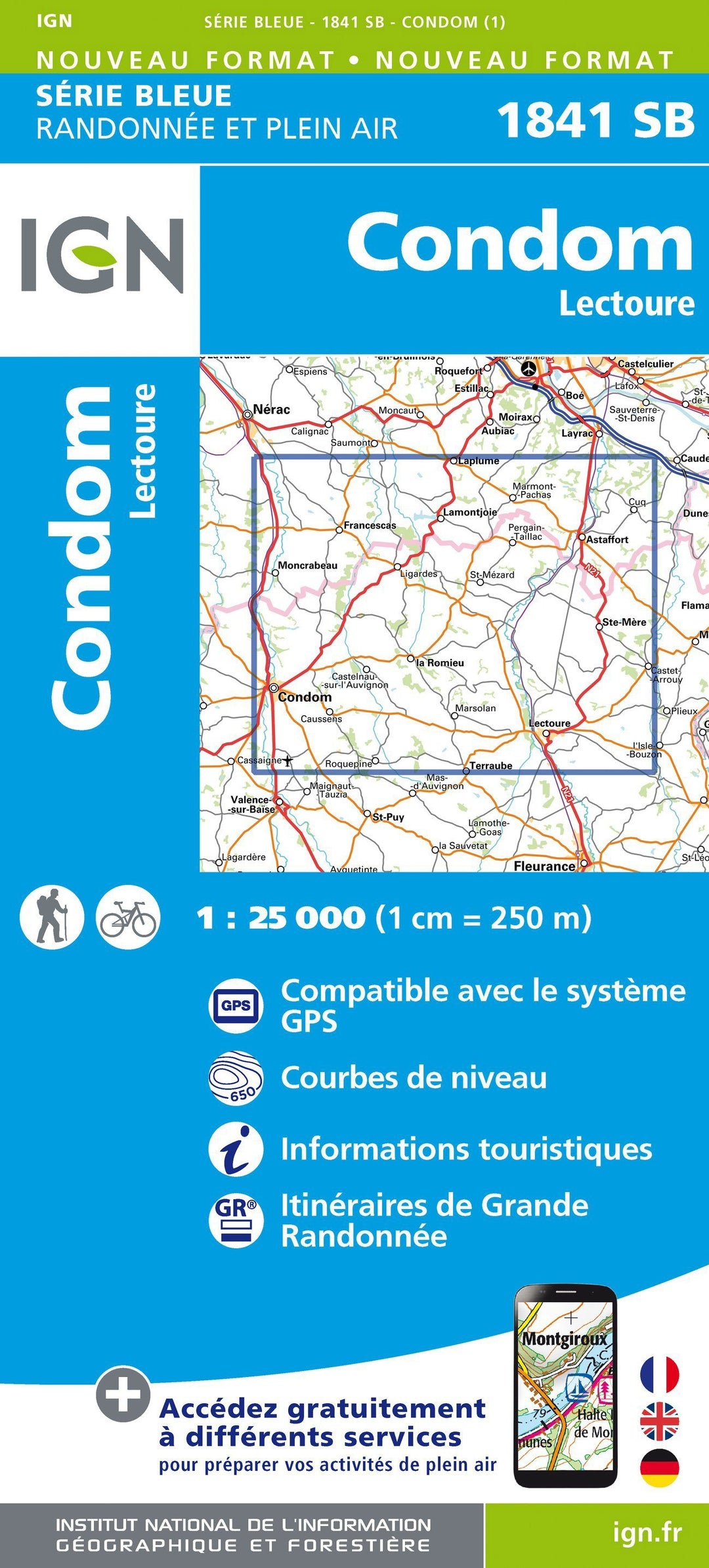 Carte de randonnée n° 1841 - Condom, Lectoure | IGN - Série Bleue carte pliée IGN 