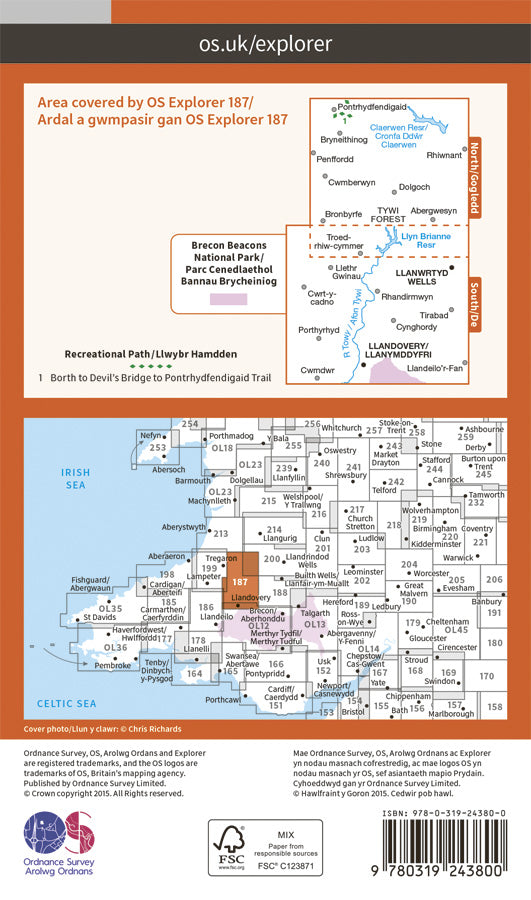 Carte de randonnée n° 187 - Llandovery (Grande Bretagne) | Ordnance Survey - Explorer carte pliée Ordnance Survey Papier 
