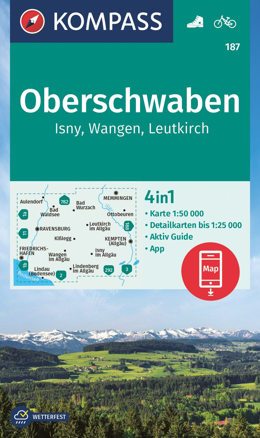Carte de randonnée n° 187 - Oberschwaben, Isny, Wangen, Leutkirch (Allemagne) | Kompass carte pliée Kompass 