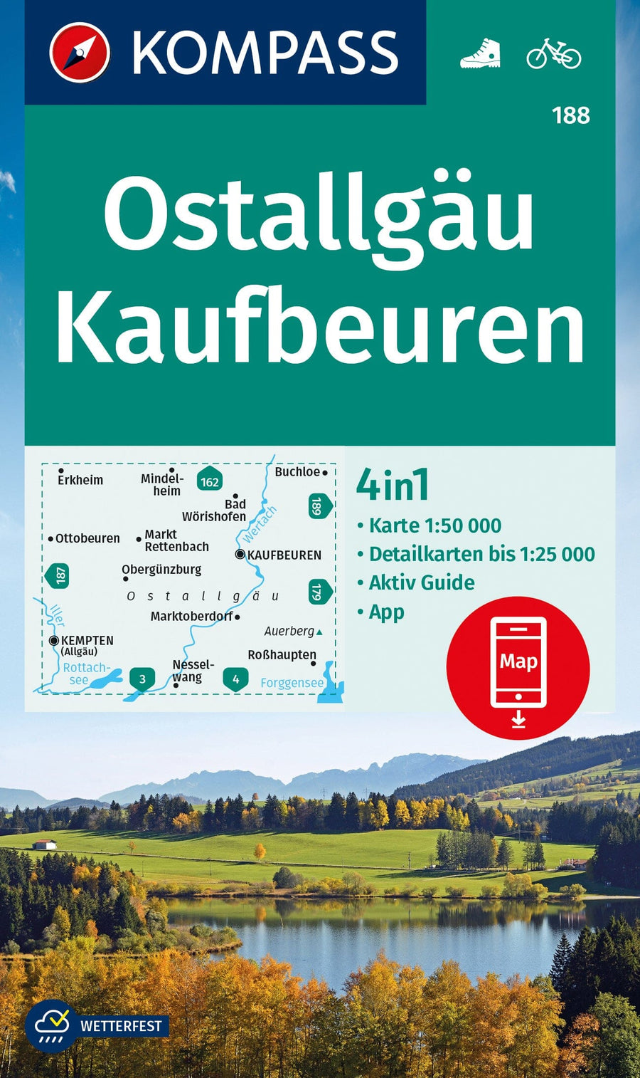 Carte de randonnée n° 188 - Ostallgäu, Kaufbeuren + Activ Guide (Allemagne) | Kompass carte pliée Kompass 