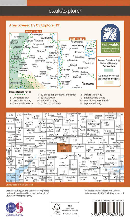 Carte de randonnée n° 191 - Banbury, Bicester, Chipping Norton (Grande Bretagne) | Ordnance Survey - Explorer carte pliée Ordnance Survey Papier 