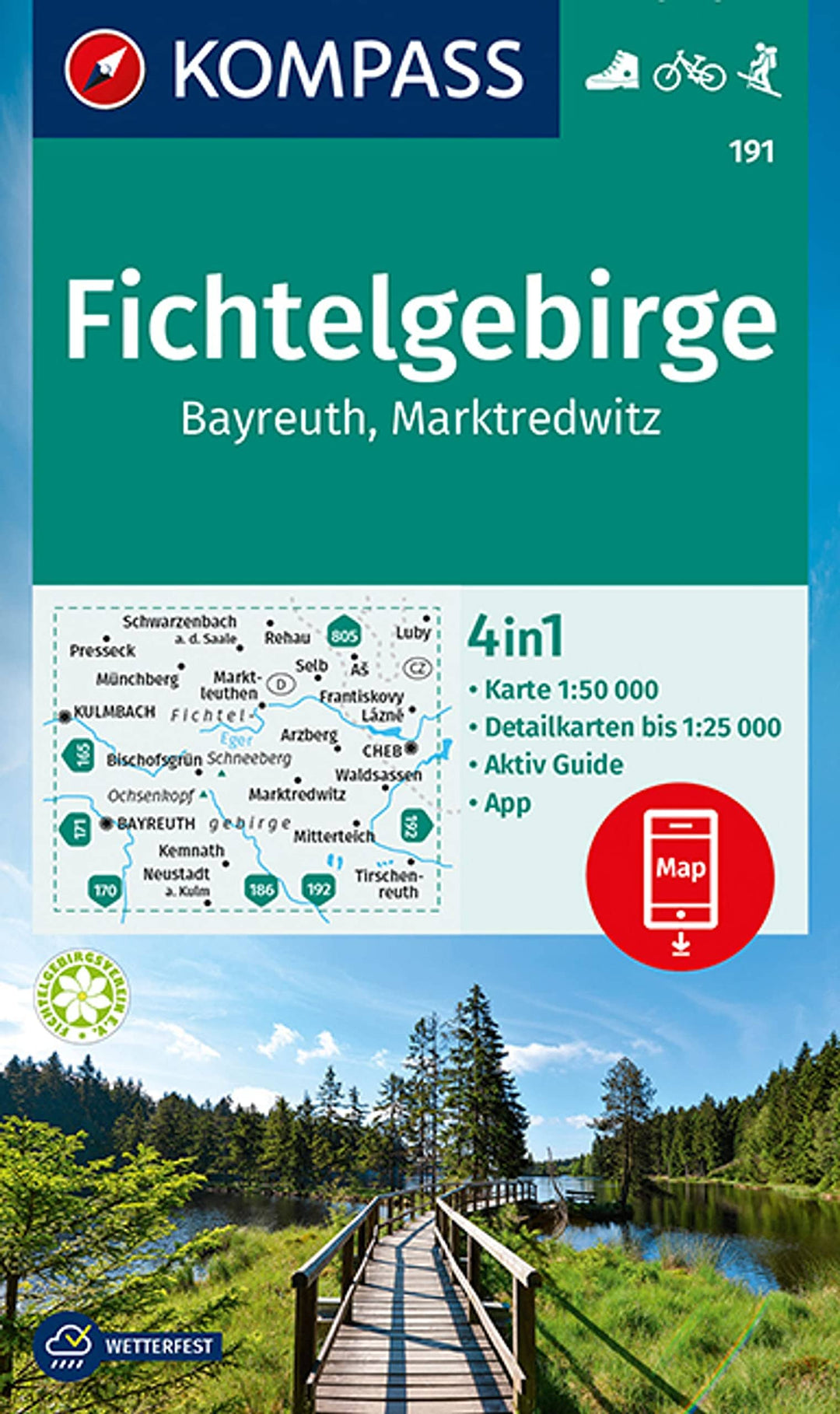 Carte de randonnée n° 191 - Fichtelgebirge, Bayreuth, Marktredwitz + Guide (Allemagne) | Kompass carte pliée Kompass 