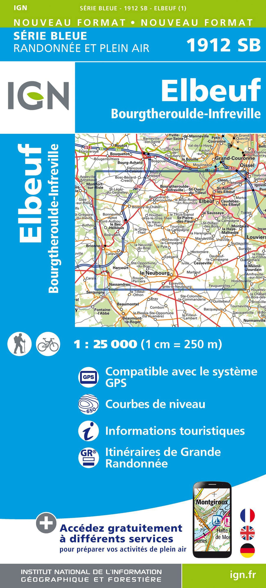 Carte de randonnée n° 1912 - Elbeuf, Bourgtheroulde-Infreville | IGN - Série Bleue carte pliée IGN 