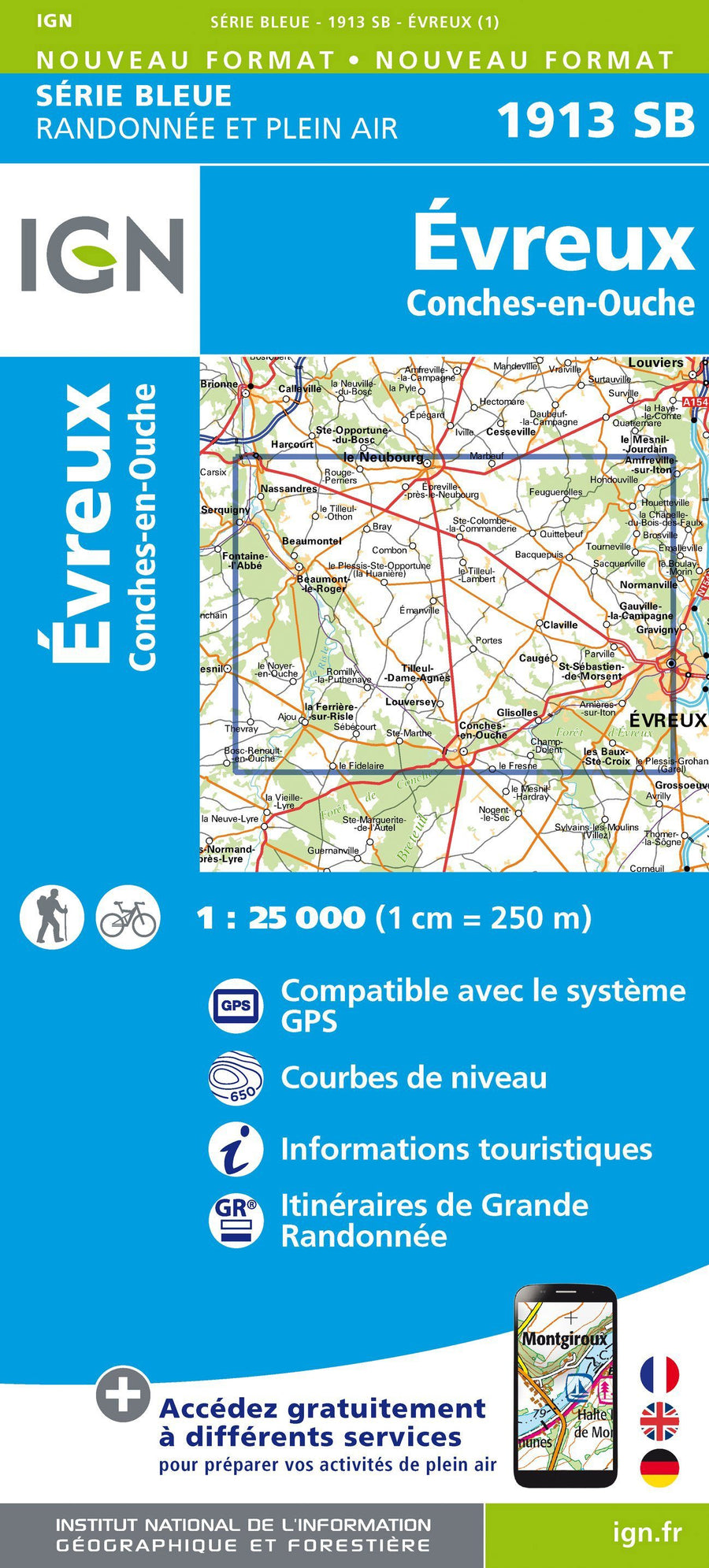 Carte de randonnée n° 1913 - Evreux, Conches-en-Ouche | IGN - Série Bleue carte pliée IGN 