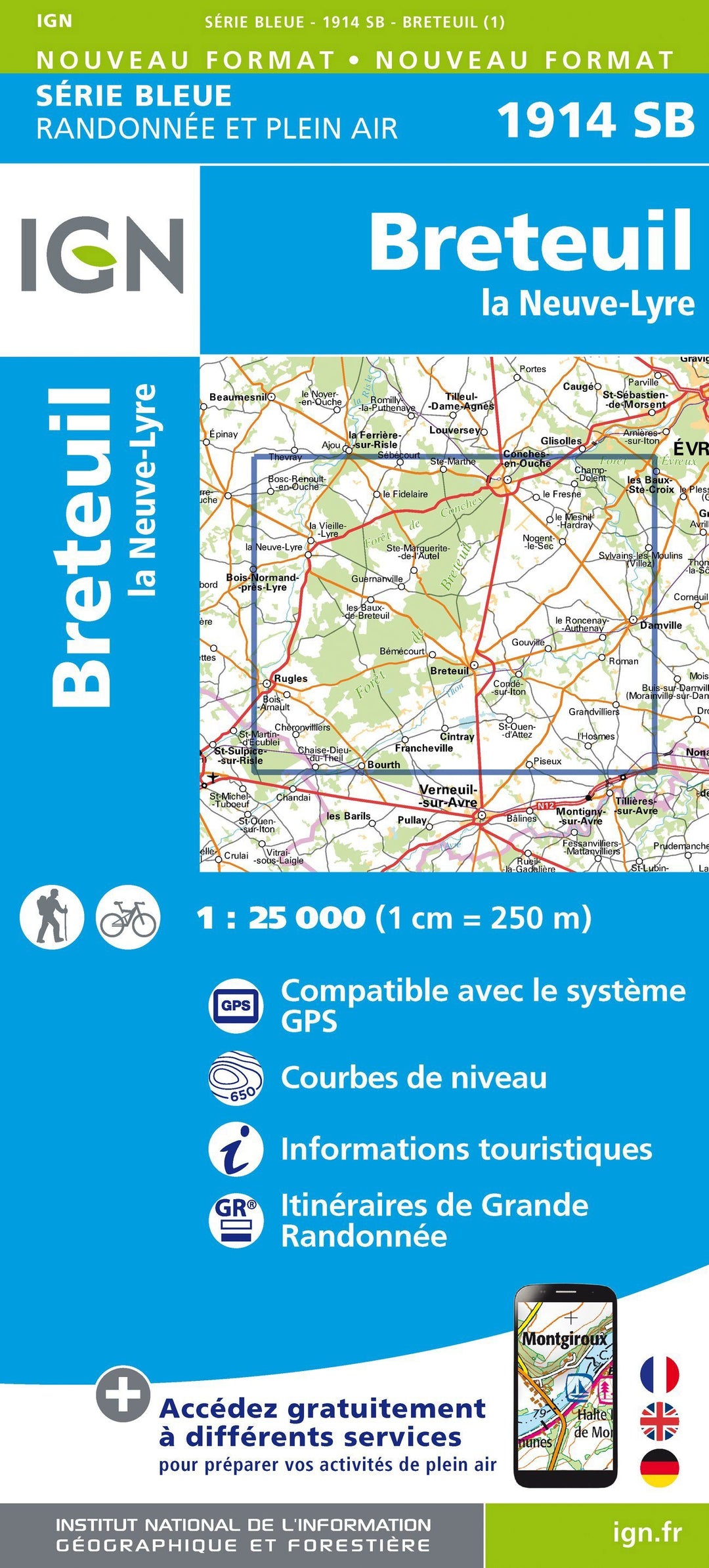 Carte de randonnée n° 1914 - Breteuil, La Neuve-Lyre | IGN - Série Bleue carte pliée IGN 