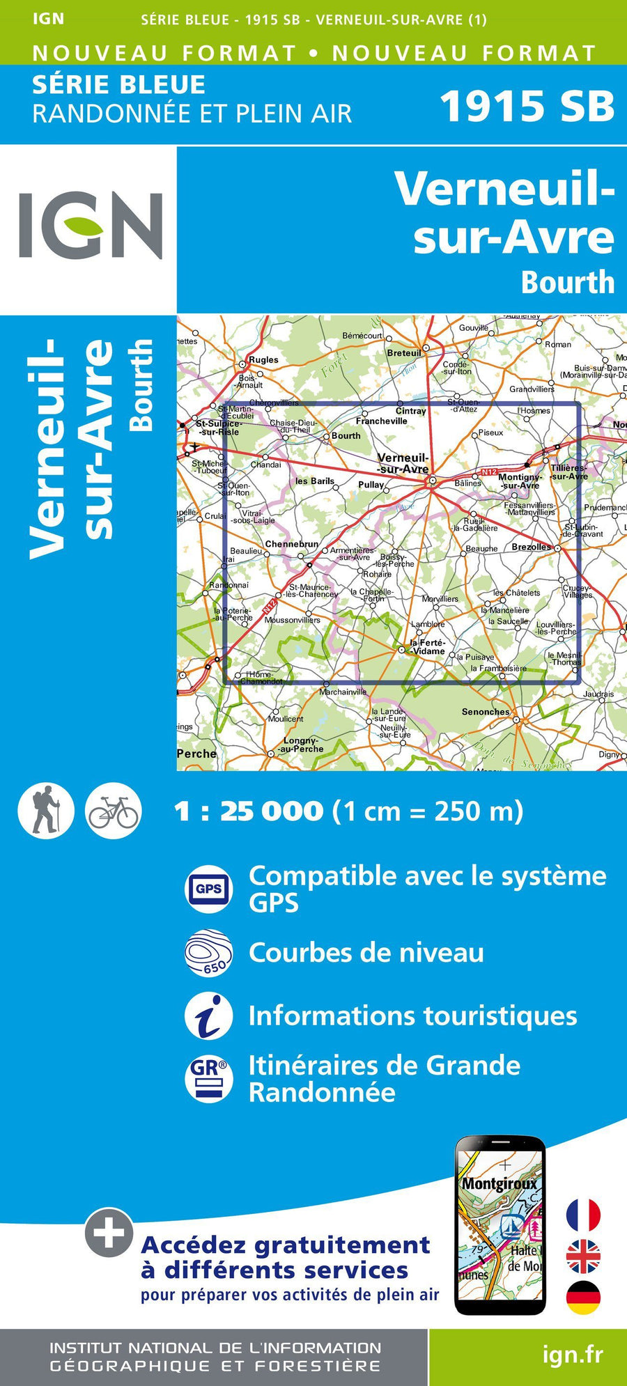 Carte de randonnée n° 1915 - Verneuil-sur-Avre, Bourth | IGN - Série Bleue carte pliée IGN 