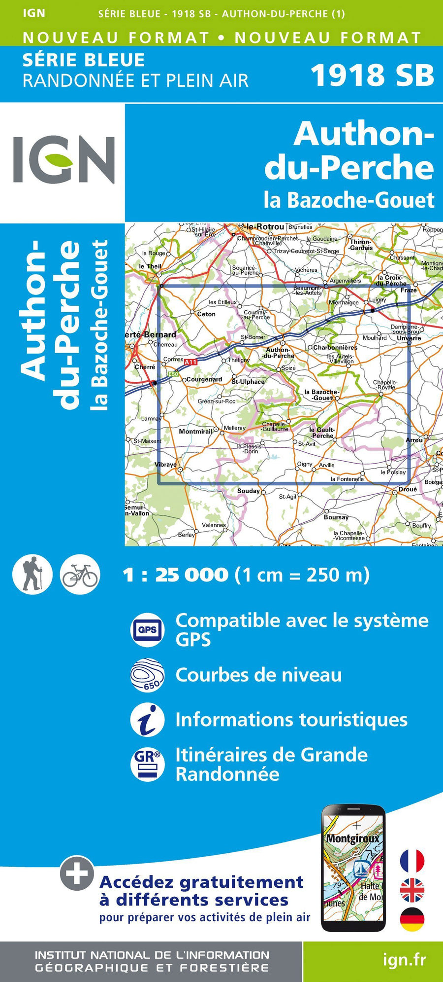 Carte de randonnée n° 1918 - Authon-du-Perche, La Bazoche-Gouet | IGN - Série Bleue carte pliée IGN 