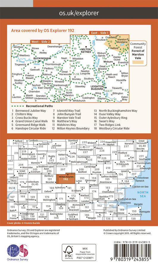 Carte de randonnée n° 192 - Buckingham, Milton Keynes (Grande Bretagne) | Ordnance Survey - Explorer carte pliée Ordnance Survey Papier 