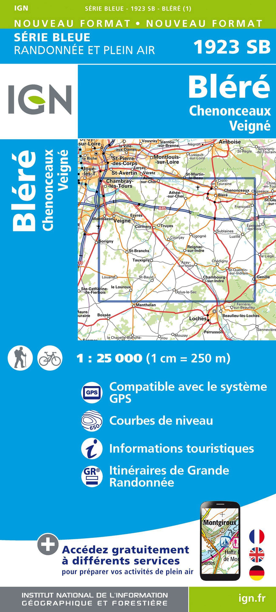 Carte de randonnée n° 1923 - Bléré, Chenonceaux, Veigné | IGN - Série Bleue carte pliée IGN 