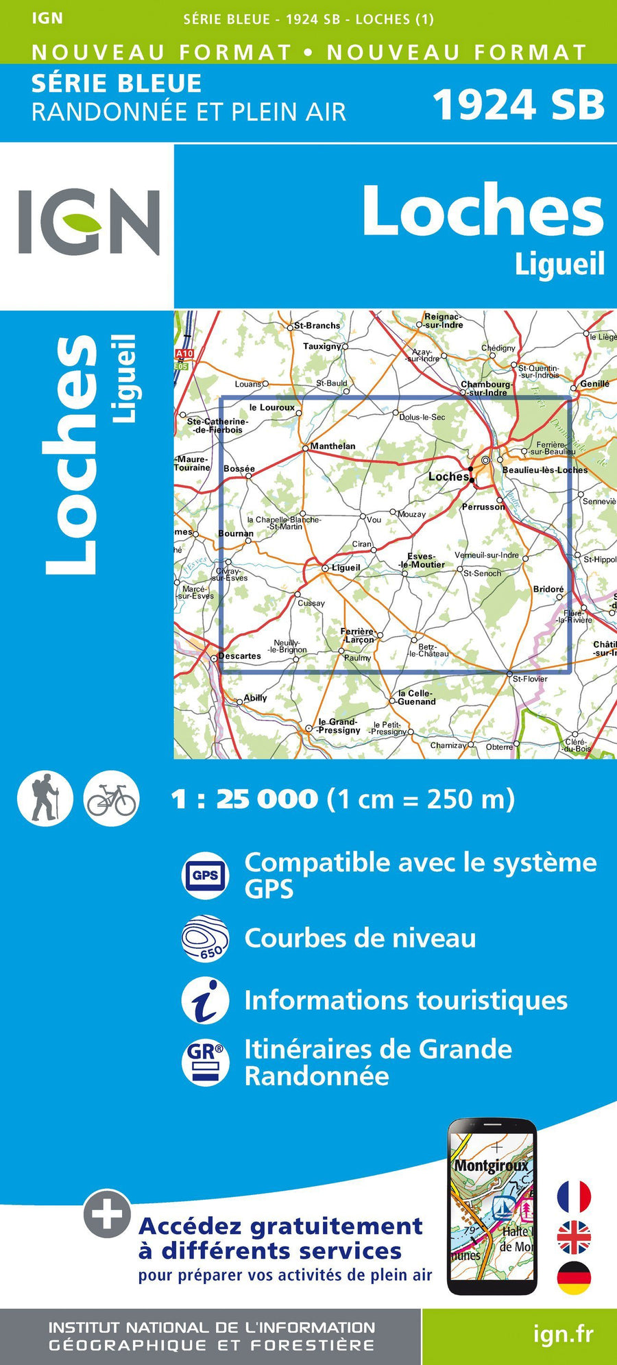 Carte de randonnée n° 1924 - Loches, Ligueil | IGN - Série Bleue carte pliée IGN 