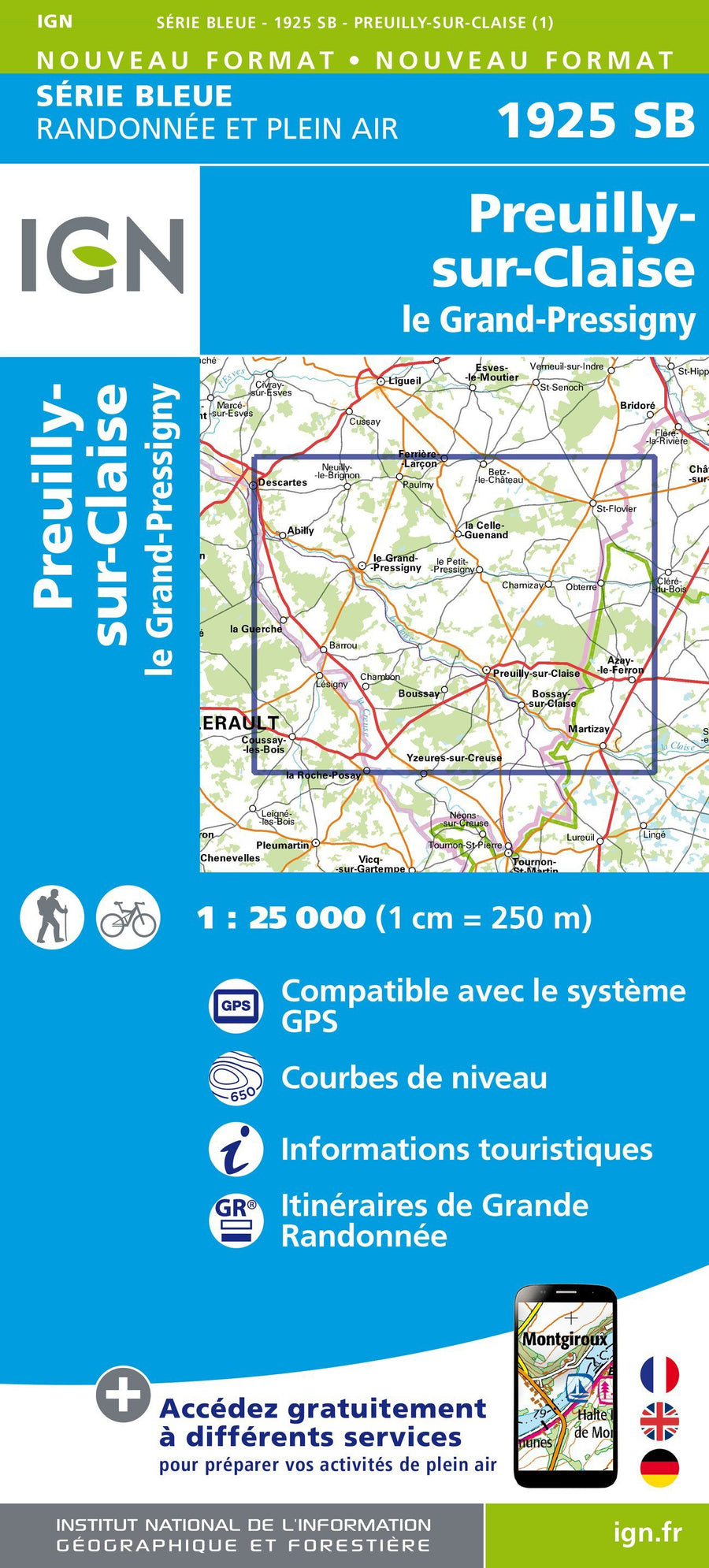 Carte de randonnée n° 1925 - Preuilly-sur-Claise, le Grand-Pressigny | IGN - Série Bleue carte pliée IGN 