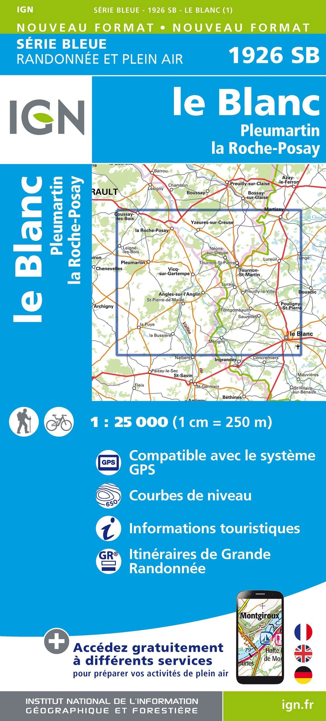 Carte de randonnée n° 1926 - Le Blanc, Pleumartin, La Roche-Posay | IGN - Série Bleue carte pliée IGN 