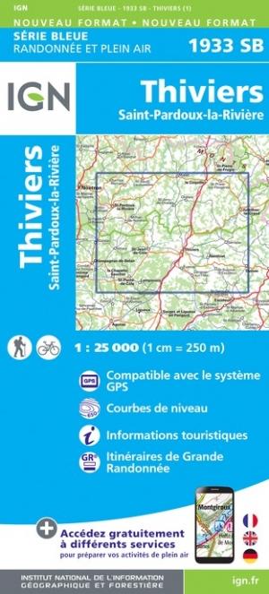 Carte de randonnée n° 1933 - Thiviers, St-Pardoux-la-Rivière | IGN - Série Bleue carte pliée IGN 