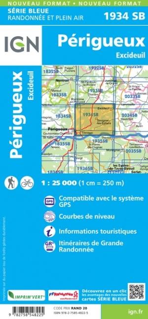 Carte de randonnée n° 1934 - Périgueux, Excideuil (Dordogne) | IGN - Série Bleue carte pliée IGN 
