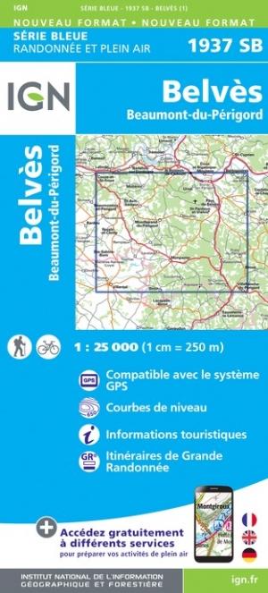 Carte de randonnée n° 1937 - Belvès, Beaumont-du-Périgord | IGN - Série Bleue carte pliée IGN 