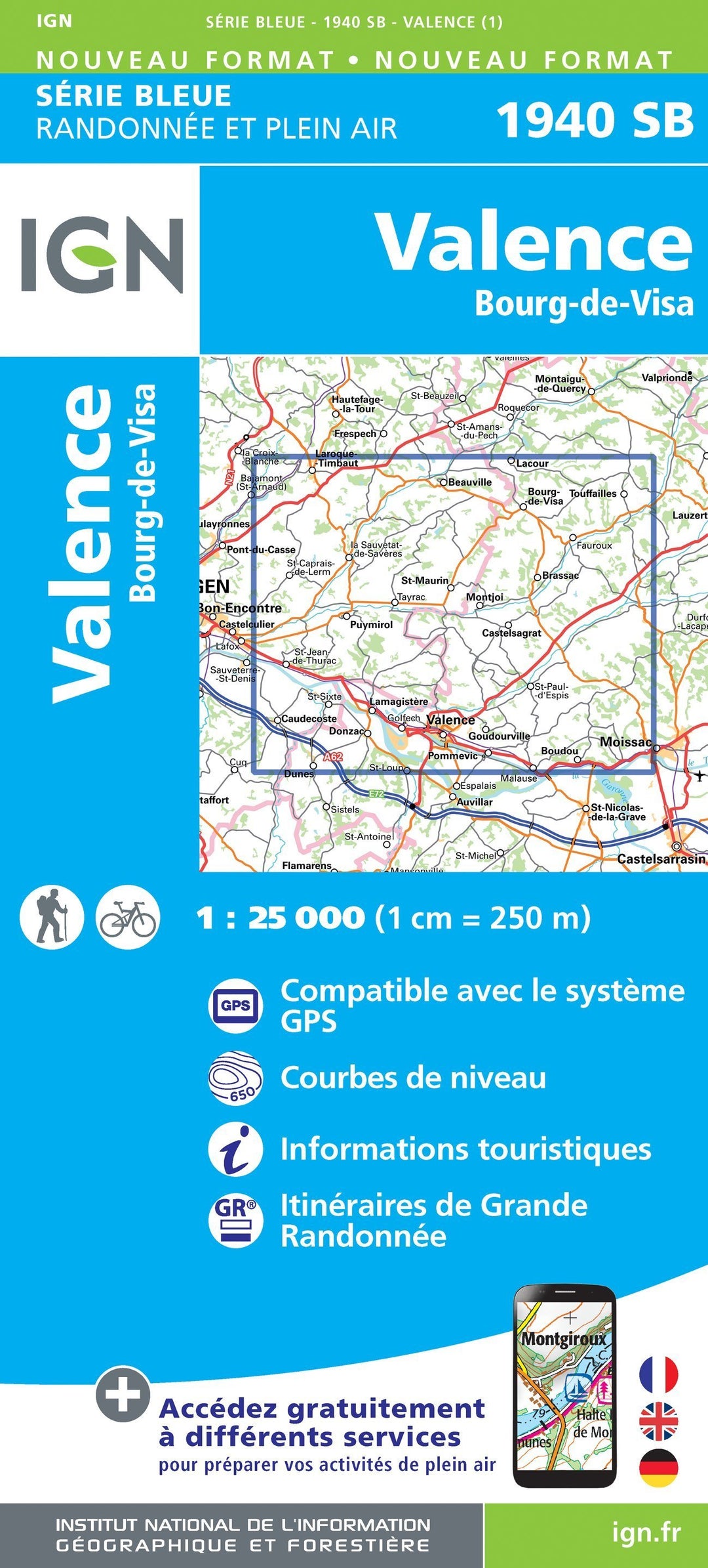 Carte de randonnée n° 1940 - Valence, Bourg-de-Visa | IGN - Série Bleue carte pliée IGN 